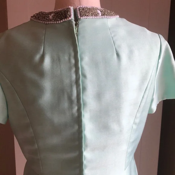 Exquisite Vintage Mint Green Sateen Dress Amazing Beading EUC! Sz M Pockets! - Picture 4 of 11
